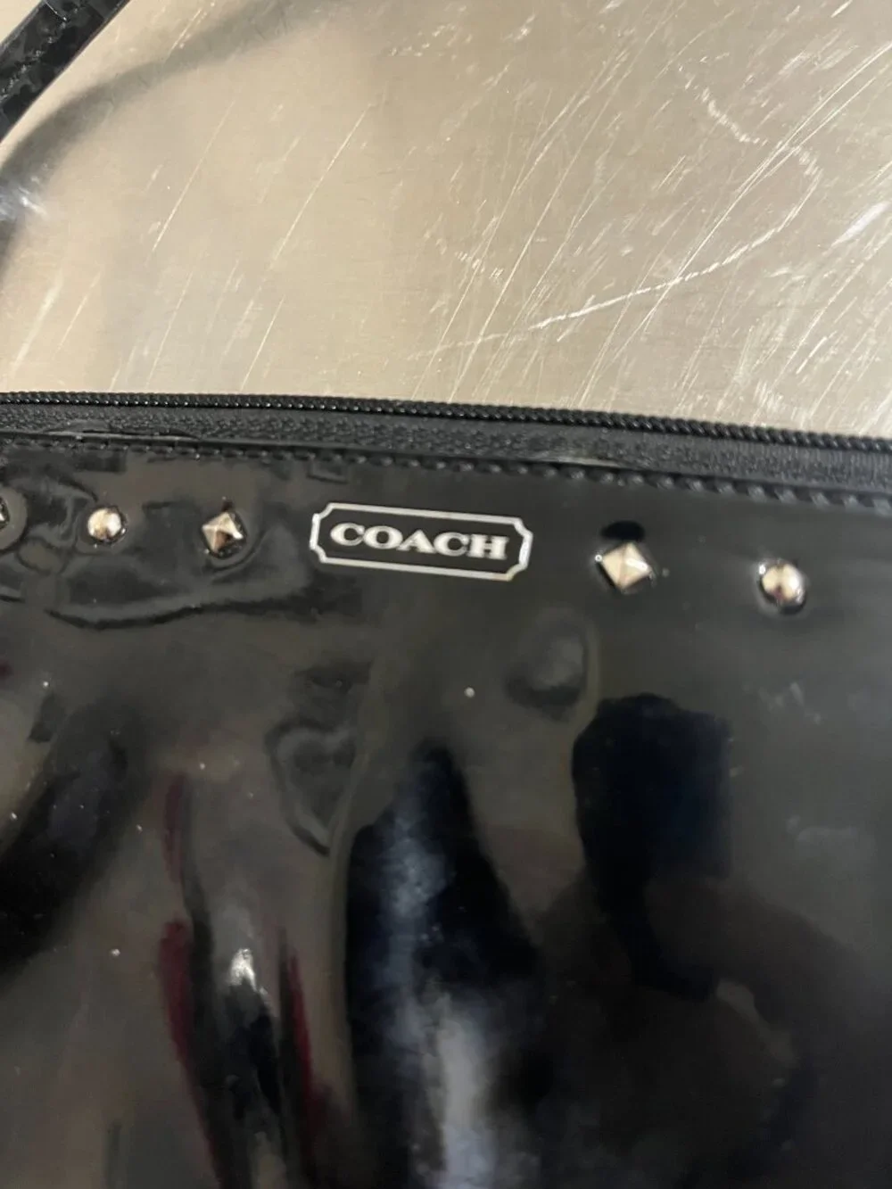 COACH Black Glossy Studded Pouchette Small Wristlet Wallet Pouch